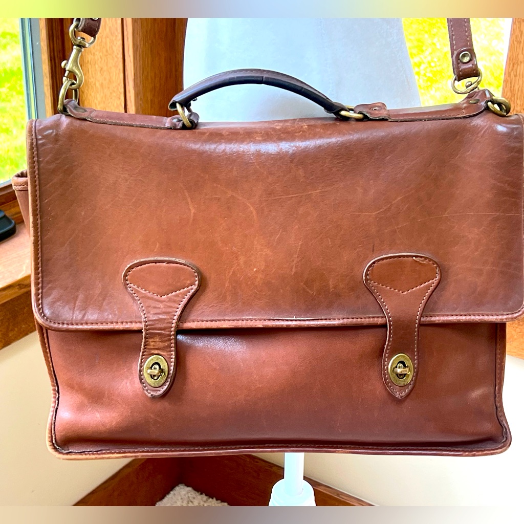 Vintage Jack Georges Leather Briefcase Fits 15”X 9” Laptop Brass Hardware